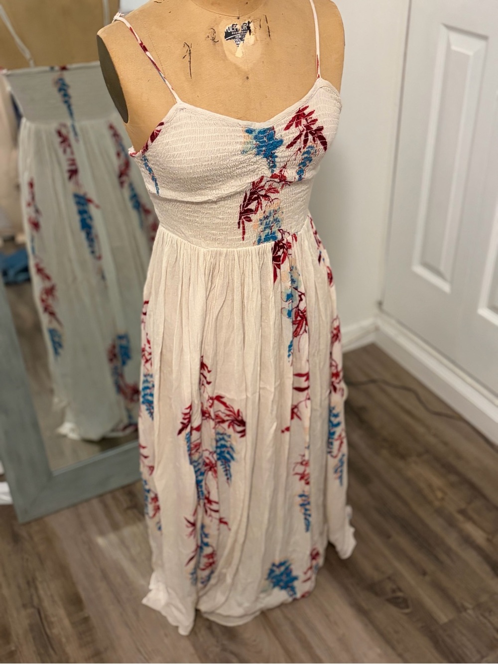 Gentle Fawn White Maxi Dress with Blue & Red Floral Print